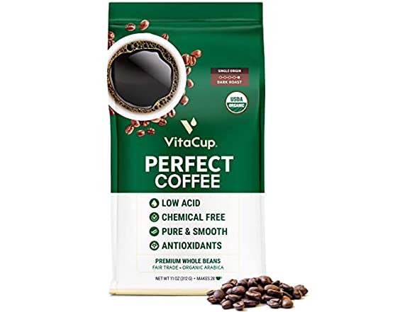 11-Oz VitaCup Perfect Low Acid USDA Organic & Fair Trade Dark Roast Whole Bean Coffee $8 + Free Shipping w/ Prime