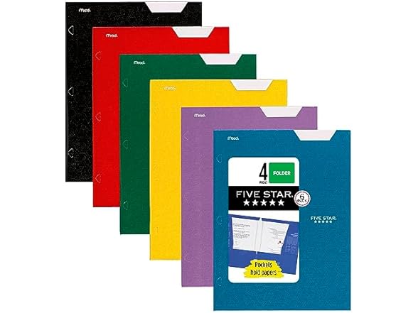 6-Pack Five Star 4 Pocket Paper Folders w/ Writable Label (Assorted Colors) $7 + Free Shipping w/ Prime
