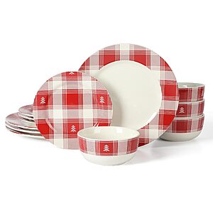 12-Piece Martha Stewart Plaid Decorated Red and White Stoneware Dinnerware Set