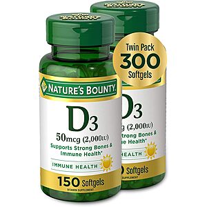 2-Pk 150-Ct Nature's Bounty 50mcg (2000IU) Vitamin D3 Softgels .80 w/ Subscribe & Save