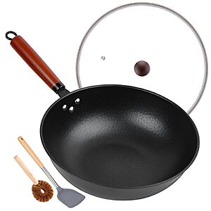 13" Bretor Flat Bottom Pre-Seasoned Carbon Steel Nonstick Wok w/ Glass Lid, Wok Spatula and Cleaning Whisk $19.99 + Free Shipping w/ Prime or on $35+
