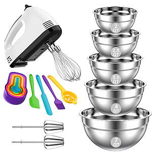 TINANA 7-Speed Electric Hand Mixer & 5-Pc Mixing Bowls Set w/ Accessories