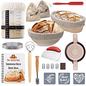 The Amish Chef Complete Glass Sourdough Bread Starter Jar Kit w/ 2 Baskets