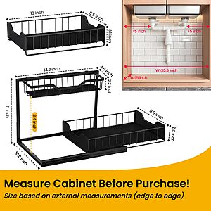 3-pk 2-Tier Snuvid Metal Under Sink Organizers w/ Slide Out Drawer (Black)