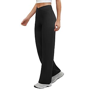 COPYLEAF Women's Crossover Waist Wide Leg Yoga Pants w/ 2 Pockets (Various)