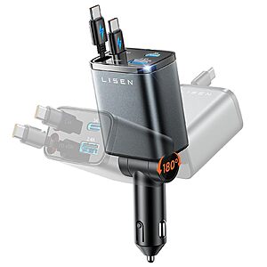 75W LISEN Car Charger w/ 2 Retractable USB-C Cables & 36W PD Port