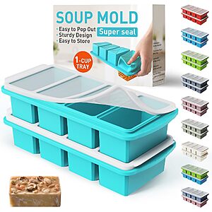 2-Pk 4-Compartment Socisen Silicone Freezer Trays w/ Steel Reinforced Rim & Lids