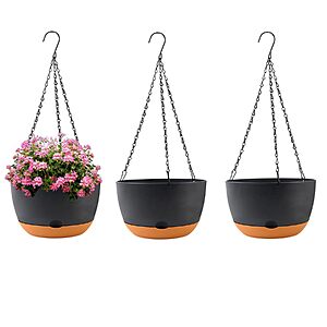 3-Pk 10" KPUVX Self-Watering Hanging Plant Baskets w/ Removable Saucer