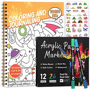 60-Page 7" x 8.3" Prudiuut Coloring Book w/ 12 Markers (Dinosaurs or Aliens)