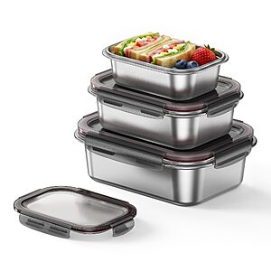 3-Pk GENICOOK Stainless Steel Storage Containers w/ Lids (22-Oz, 44-Oz, 76-Oz)