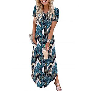 ANRABESS Women's V-Neck Short Sleeve Summer Maxi Shirt Dress w/ Slit Side & Pockets