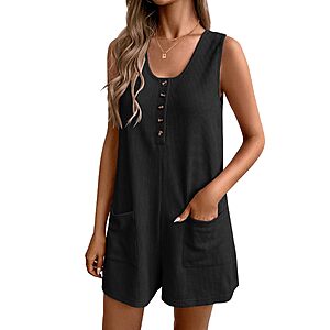 Ekouaer Women's Sleeveless Waffle Loose Romper (Black)