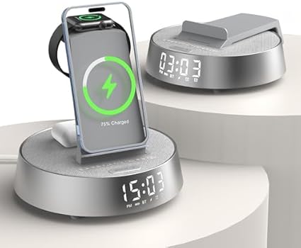 Freefish Wireless Alarm Clock Charging Station w/ Dimmable Night Light & Bluetooth Speaker (iPhone 17 16 15 14 13 12 Pro Max, iWatch 11) $14.99 + Free Shipping w/ Prime or on $35+