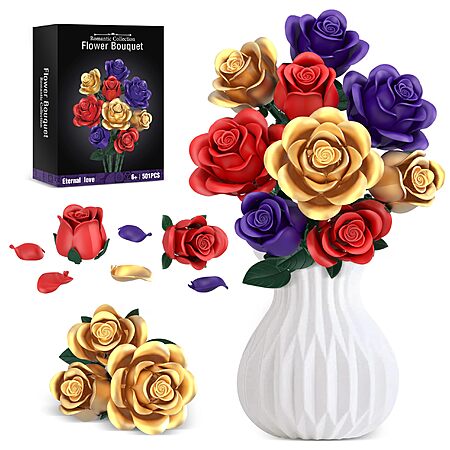 501-Piece Qifun Rose Bouquet Flowers Building Set (Vase not Included) $9.99 + Free Shipping w/ Prime or on $35+
