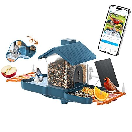 Navfs ​Dual-Lens Solar Powered Bird Feeder and Bird Bath w/ 2K HD Video with AI Identification, Instant Alerts and Camera $39.99 + Free Shipping