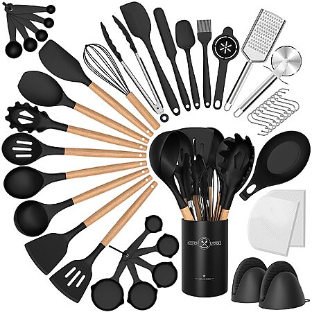 43-Piece Cacoles Wood Handle Silicone Cooking Utensils and Gadgets Set w/ Holder (5  Colors) $19.99 + Free Shipping w/ Prime or on $35+