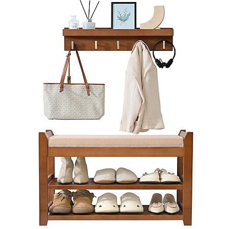 2-Piece Petkaboo Bamboo Wood Entryway Shoe Storage Bench and Coat Rack Set: 28" Brown $53.99, 39" Brown $75.60 + Free Shipping