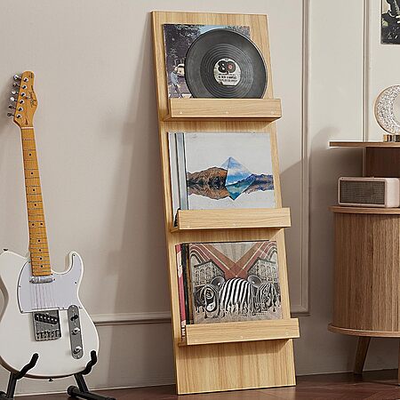 3 Tier 47.5''  Wall-Leaning Vinyl Record Holder Display Shelf  (Holds Up to 30 Vinyl Albums/CD, Natural, White) $12.00 + Free Shipping w/ Prime or on $35+