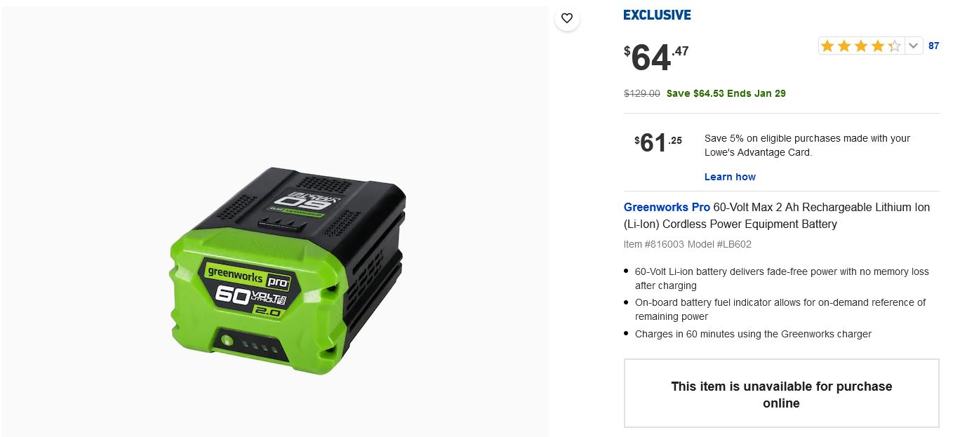 Greenworks Pro 60-Volt Max 2Ah Rechargeable  (Li-Ion) Battery B&M only, YMMV by location
