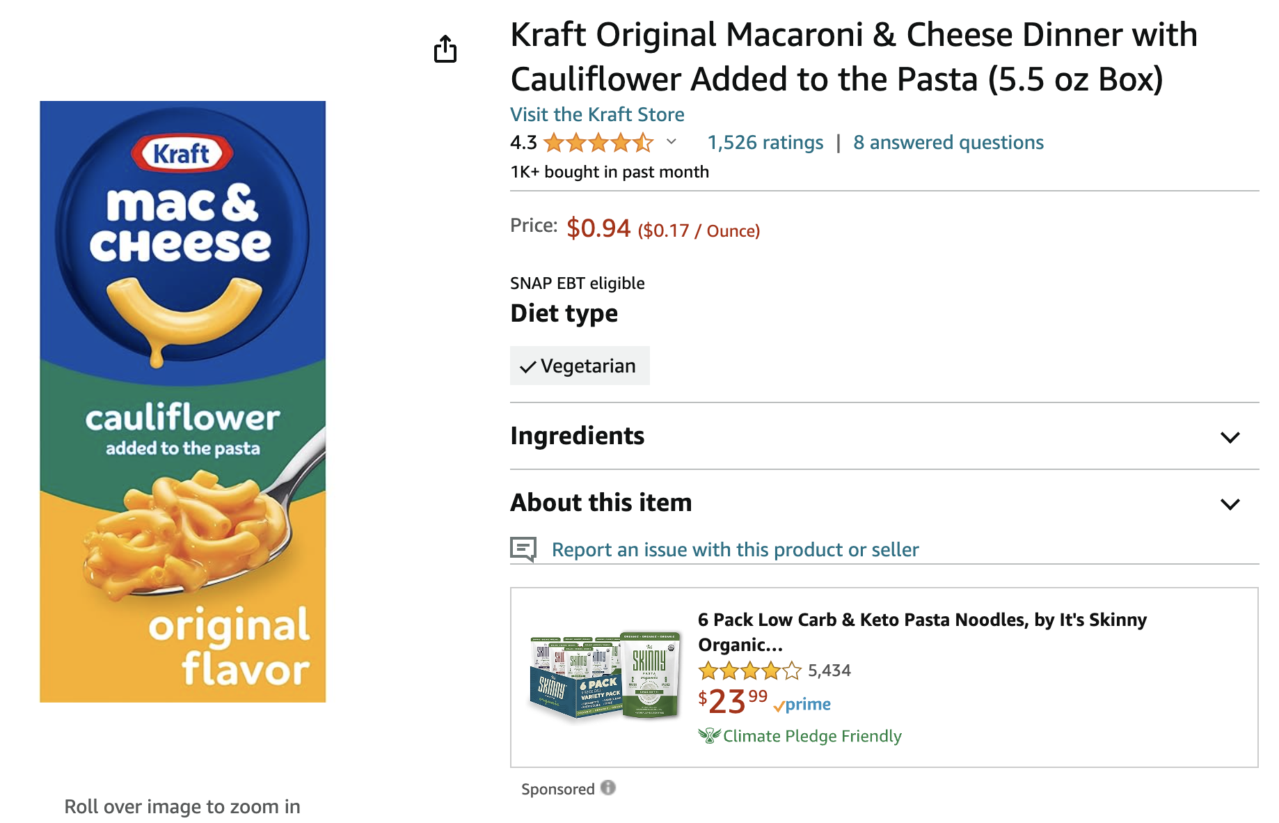 Kraft Original Macaroni & Cheese Dinner with Cauliflower Added to the Pasta (5.5 oz Box) $0.94