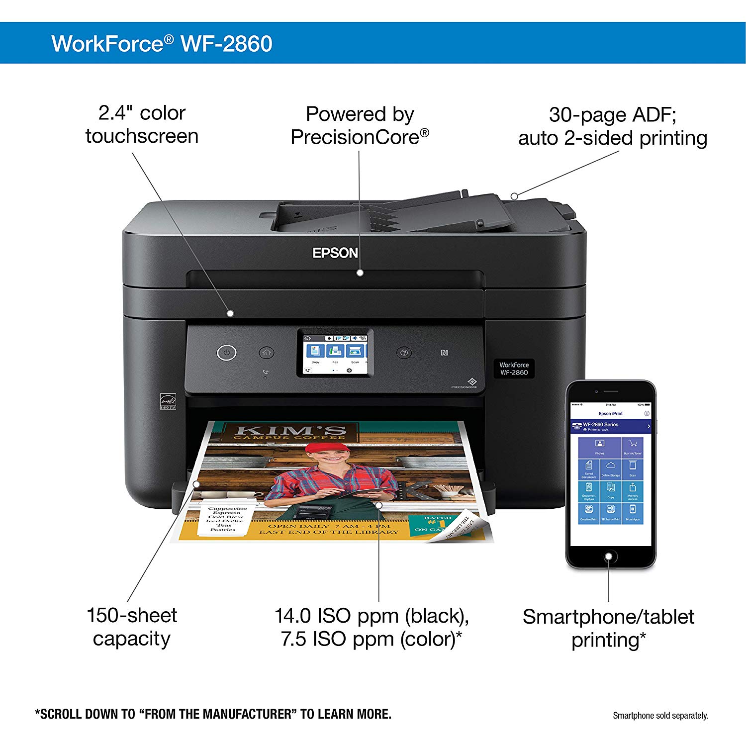 Epson Workforce WF-2860 All-in-One Wireless Color Printer with Scanner, Copier, Fax, Ethernet, Wi-Fi Direct and NFC - $49 @ Amazon