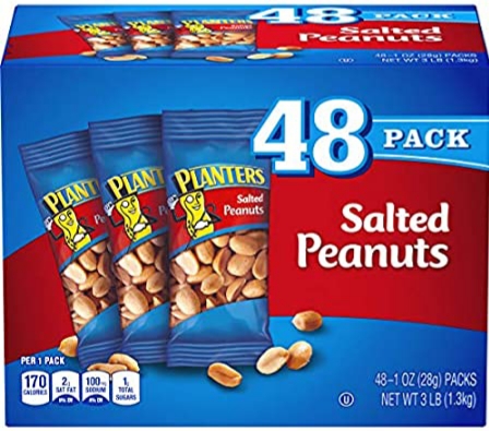 Planters salted peanuts 48  1.5 ounce bags = 72 ounces $7.11  amazon w/s&s