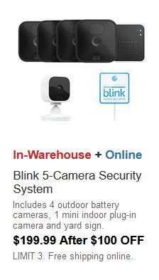Costco - Blink 5 Camera Security System - 4 Outdoor Battery Powered Cameras, 1 Mini Indoor Plug-in Camera, with Yard Sign $100 0ff - $199
