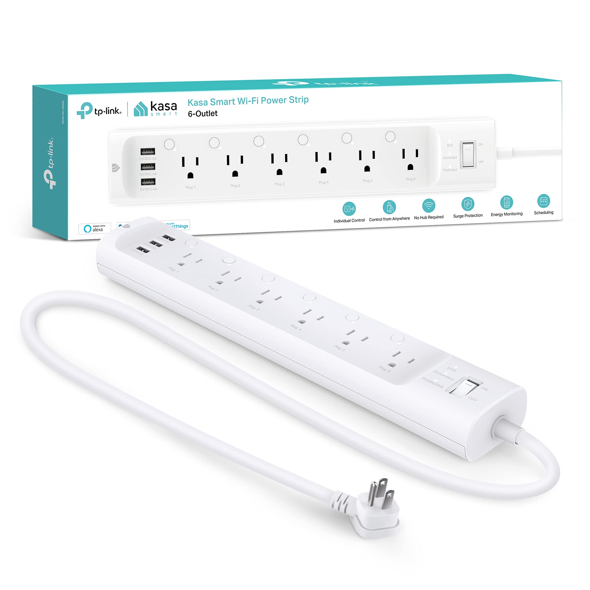 Kasa Smart Plug Power Strip HS300, Surge Protector with 6 Individually Controlled Smart Outlets and 3 USB Ports, Works with Alexa & Google Home, No Hub Required , White $44.99