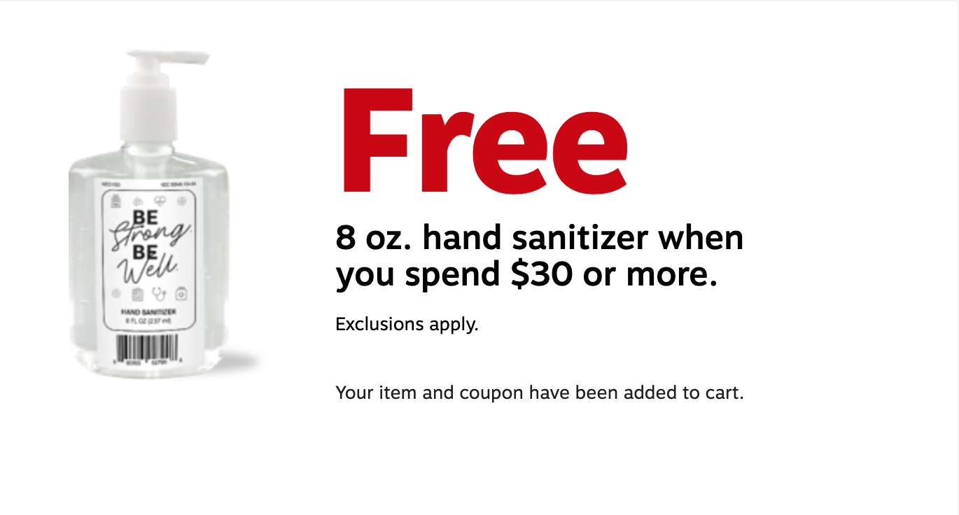 Free 8 oz hand sanitizer when you spend $30