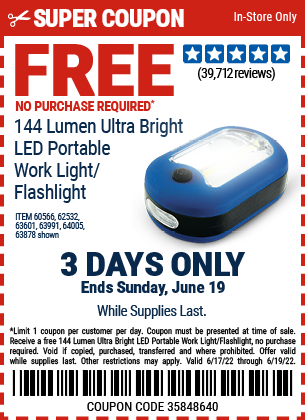 Free Flashlight (No purchase required) and 20% off single item (exclusions apply) at Harbor Freight Exp 6/19