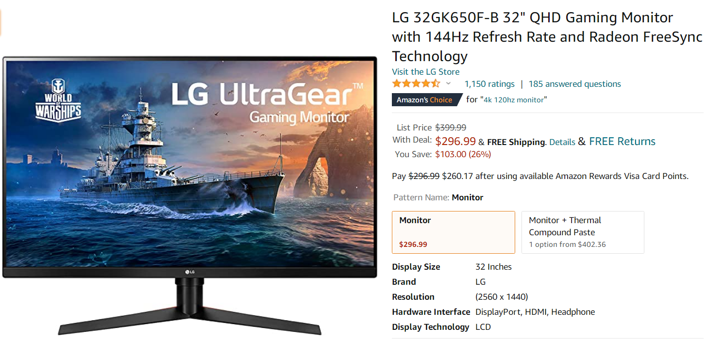 LG 32GK650F-B 32" QHD Gaming Monitor with 144Hz Refresh Rate and Radeon FreeSync Technology $296.98