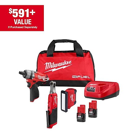 Milwaukee M12 Fuel 3/8" High Speed Ratchet, Screwdriver, and Rover Service Light with 2.0 Batteries, free shipping $229