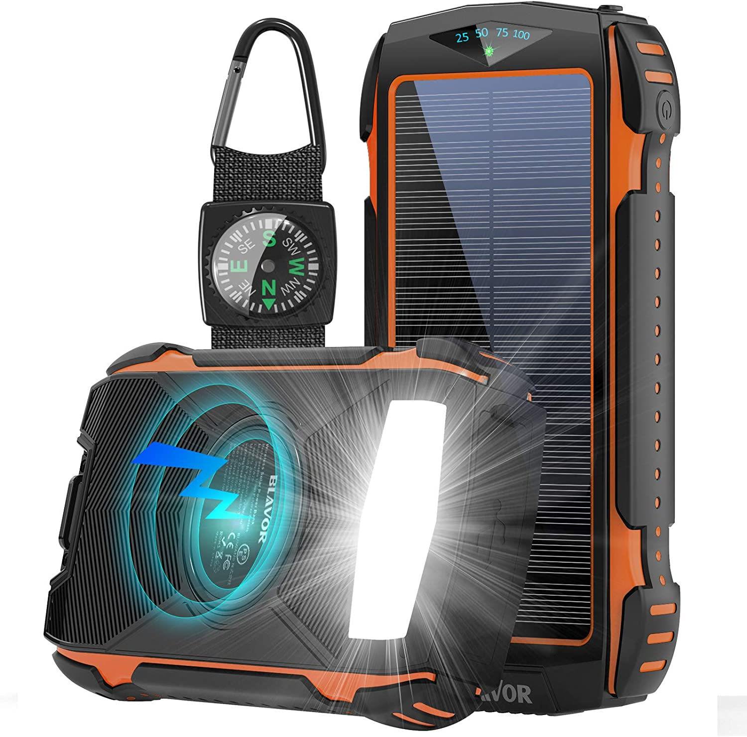 Solar Power Bank, BLAVOR Wireless Phone Charger, Portable Solar Powered Pack 20,000mAh with Camping Light, Compass Carabiner, Type C Input, IPX5 Waterproof Shockproof D $26.53