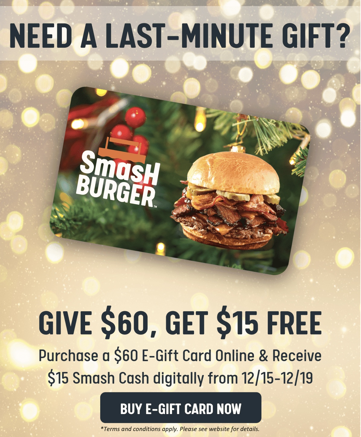 Smashburger - Buy Gift card for $60 and get additional $15 coupon