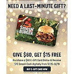 Smashburger - Buy Gift card for $60 and get additional $15 coupon