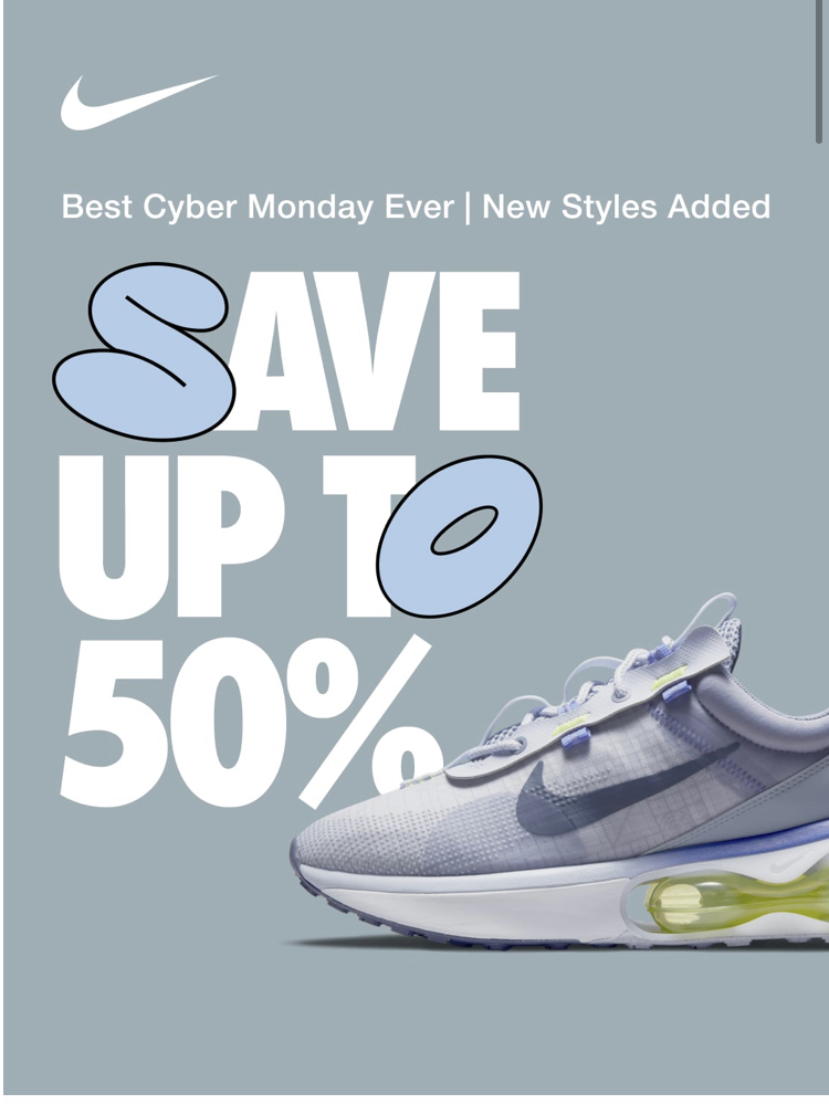 Nike Has for Members (free to join): Cyber Monday Sale, Up To 50% Off Select Styles, Plus Additional 20% Off W/Promo Code CYBER at checkout. Free Shipping.