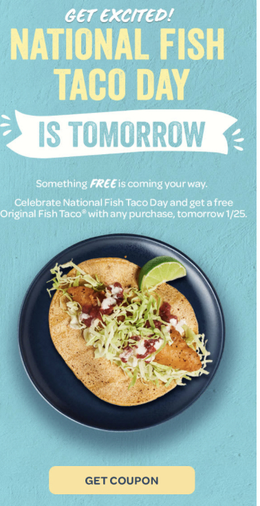 Rubios National Fish Taco Day Tomorrow. Free With Any Purchase