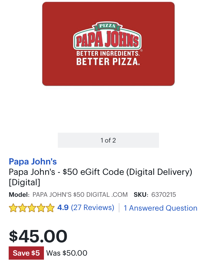 Bestbuy : Papa John’s OR Applebee’s $50 GC For $45. Email Delivery