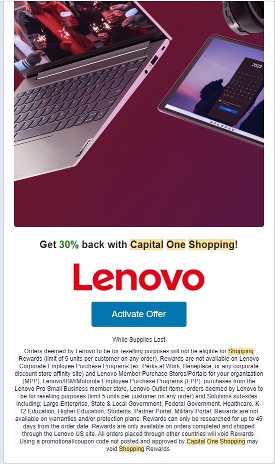 Capital One Shopping 30% Cash Back at Lenovo - Legion 5 Gen 7 6600H + RTX 3060 - $811.29 after 5% off and 30% cash back (YMMV may be targeted)