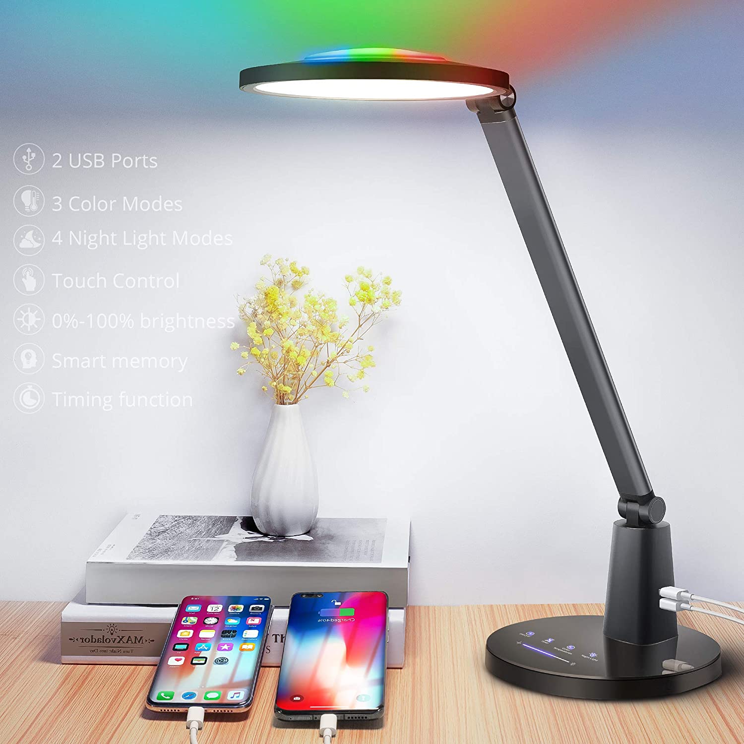 Touch Control Table Lamp with RGB Night Light & 2 USB Ports $24.99