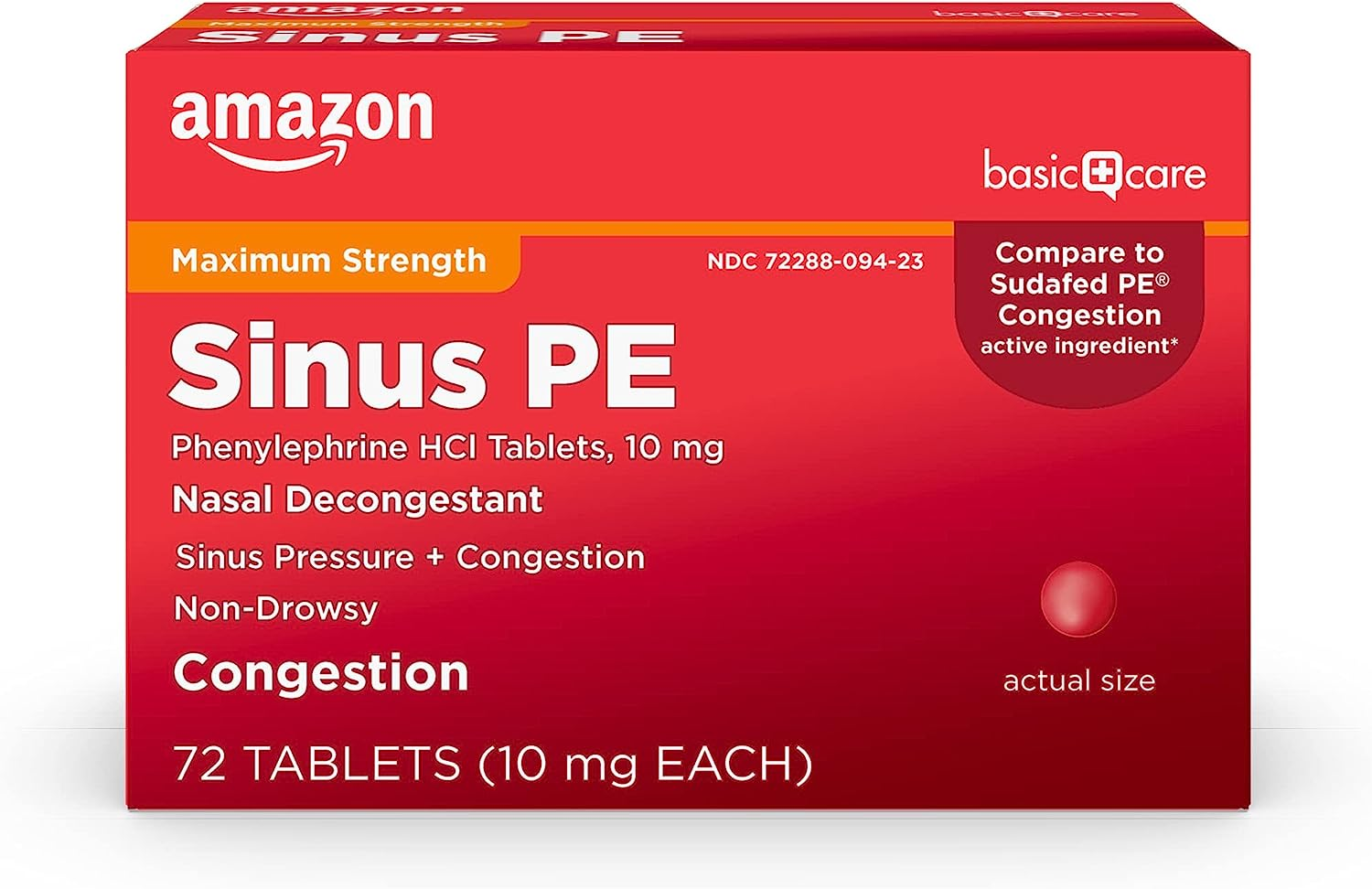 Amazon Basic Care Maximum Strength Nasal Decongestant PE, Phenylephrine HCl, 10 mg Tablets. Nasal and Sinus Congestion, Sinus Pressure, 72 Count : Health & Household $4.24