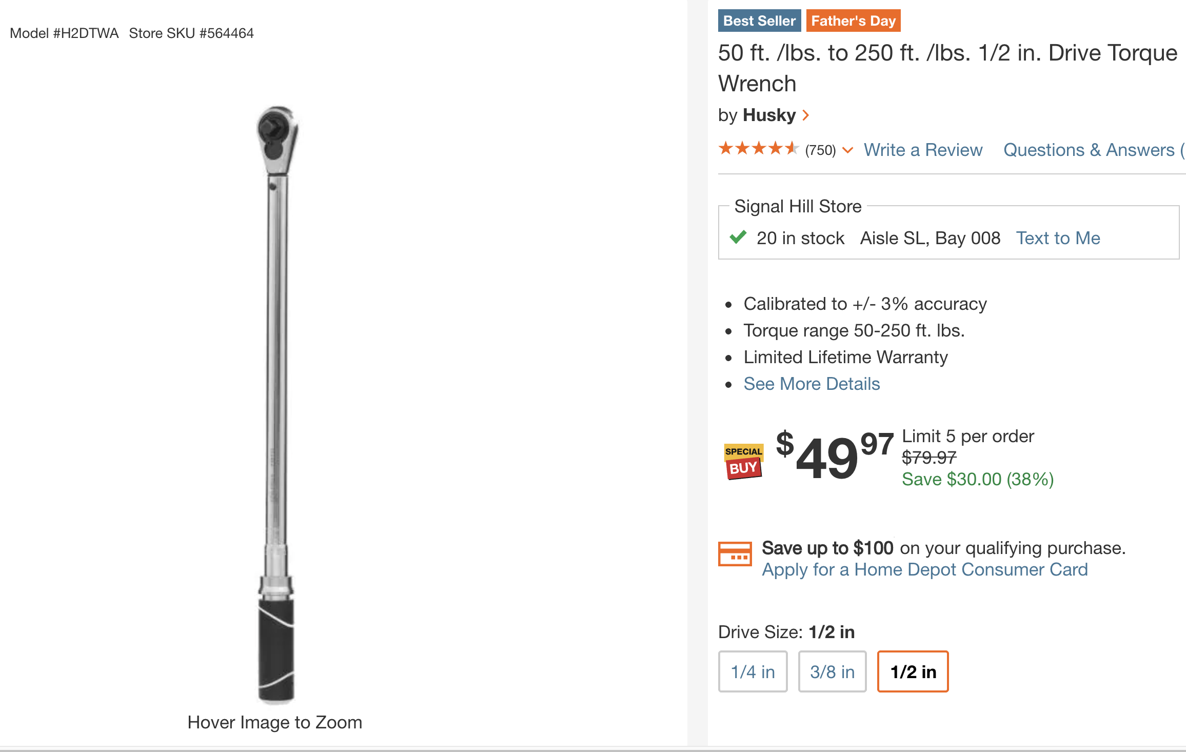 Husky 50 ft. /lbs. to 250 ft. /lbs. 1/2 in. Drive Torque Wrench - $49.97