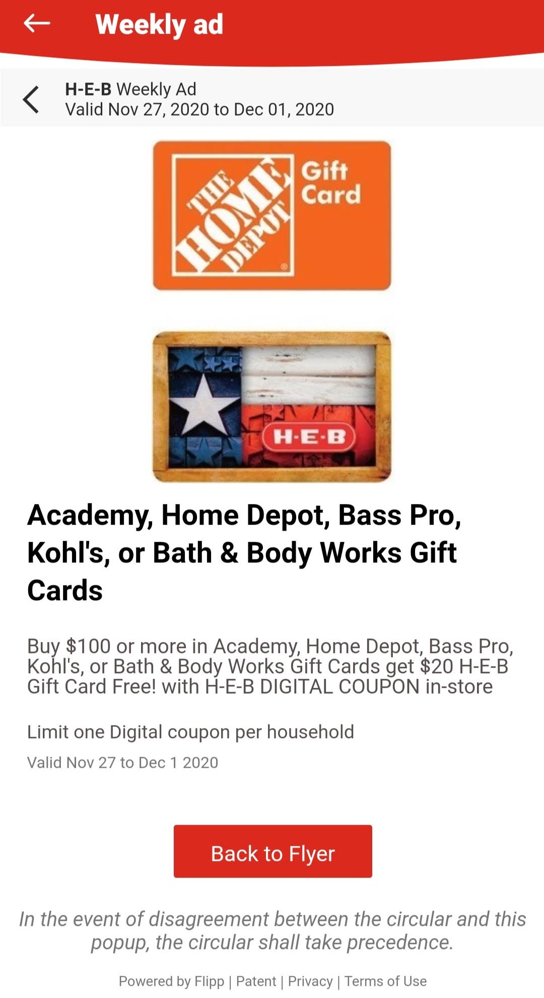 Free 20 Heb H E B Gift Card With 100 Gift Card Purchase For Home Depot Kohl S