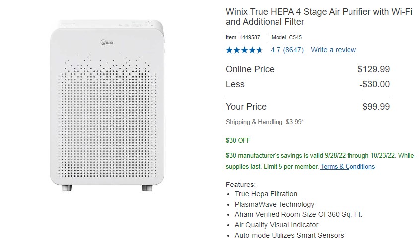 Winix True HEPA 4 Stage Air Purifier with Wi-Fi and Additional Filter $99.99