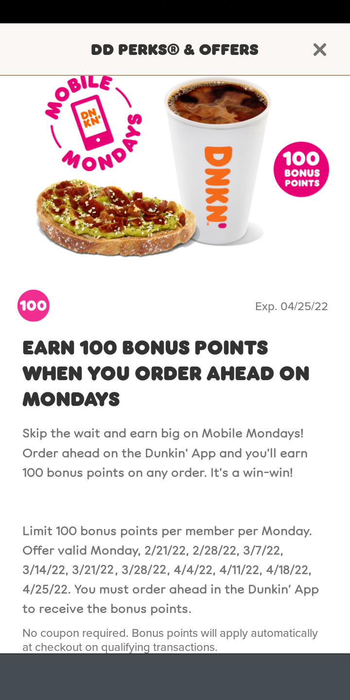 Dunkin Donuts Perks Order Ahead Via the Dunkin Perks App on Mondays