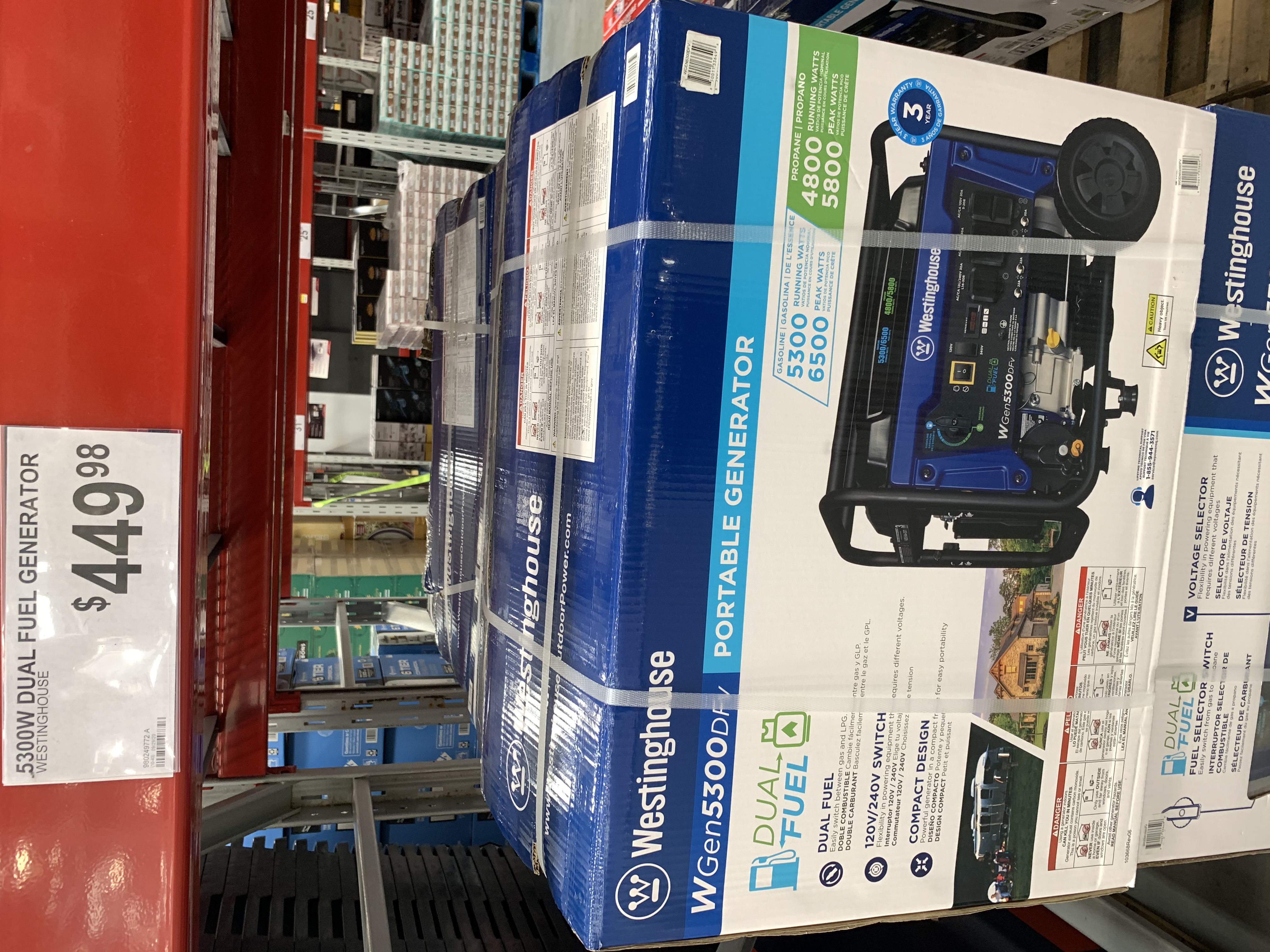 Westinghouse WGen5300DFv Dual Fuel Portable Generator with Volt Switch Selector $449