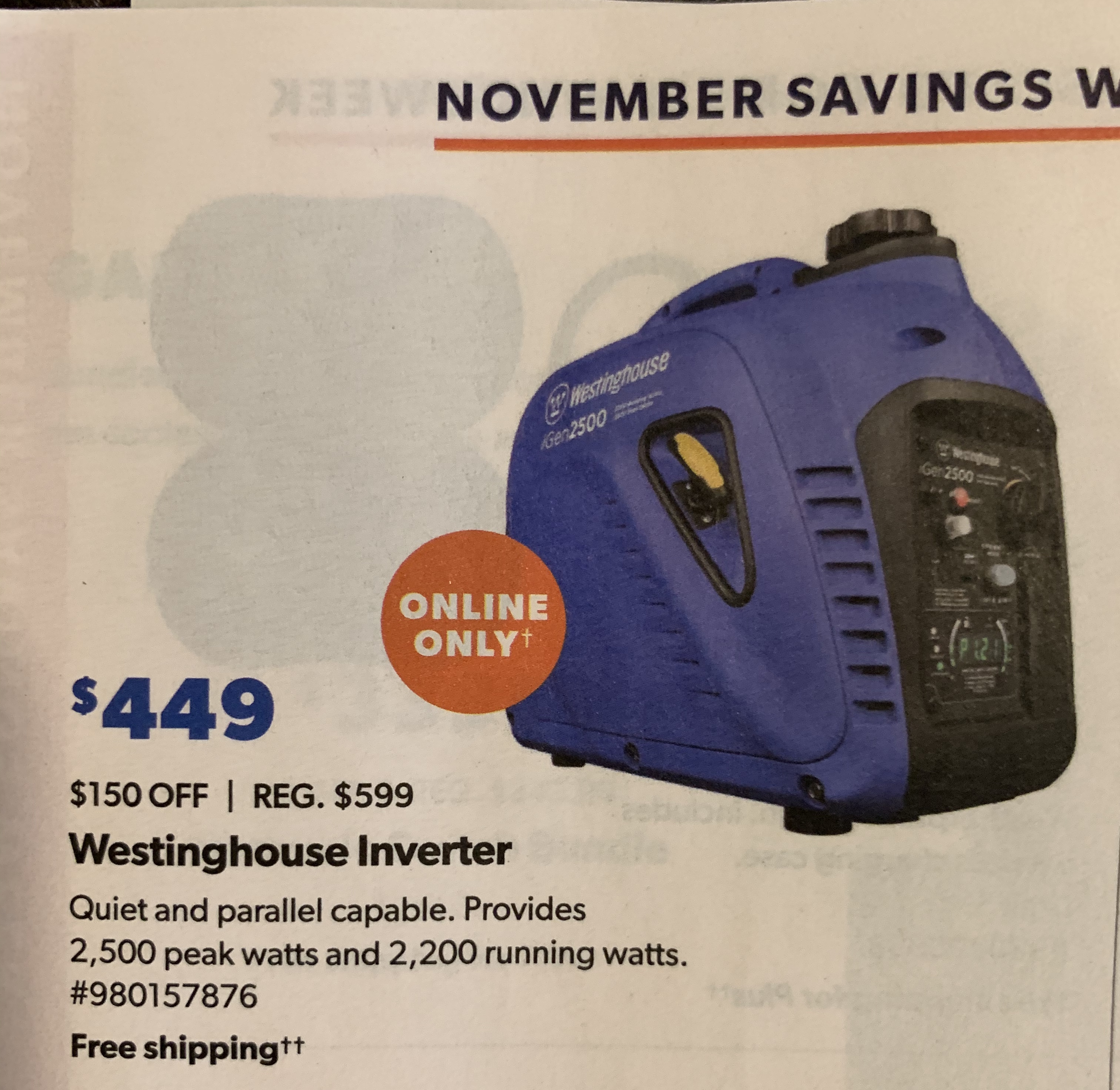 Westinghouse iGen2500 for $449 at Sam's Club