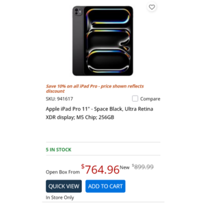 Micro Center (In-Store Pickup only) -  Apple iPad Pro 11" or 13" M4 & M5 Open Box starting at $688.96 at multiple stores