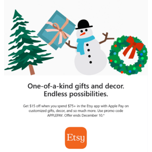 Select/Eligible Etsy Customers: Purchases on Etsy Mobile App w/ Apple Pay Offer $15 Off $75+ (Valid thru 12/10)