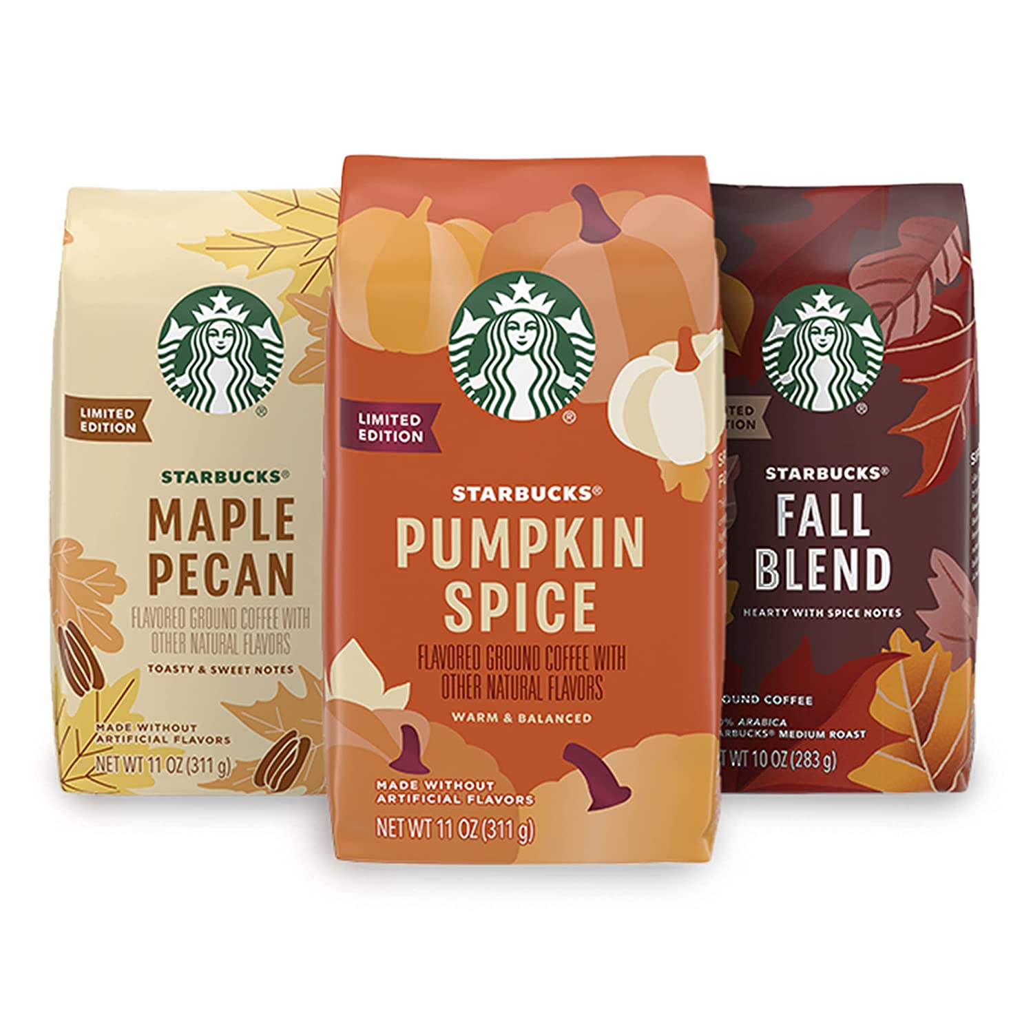Starbucks Fall Variety pack 3 bags of flavored ground coffee : Pumpkin spice, Fall Blend, and Maple pecan - 45% off with S&S- Limited edition $14.29